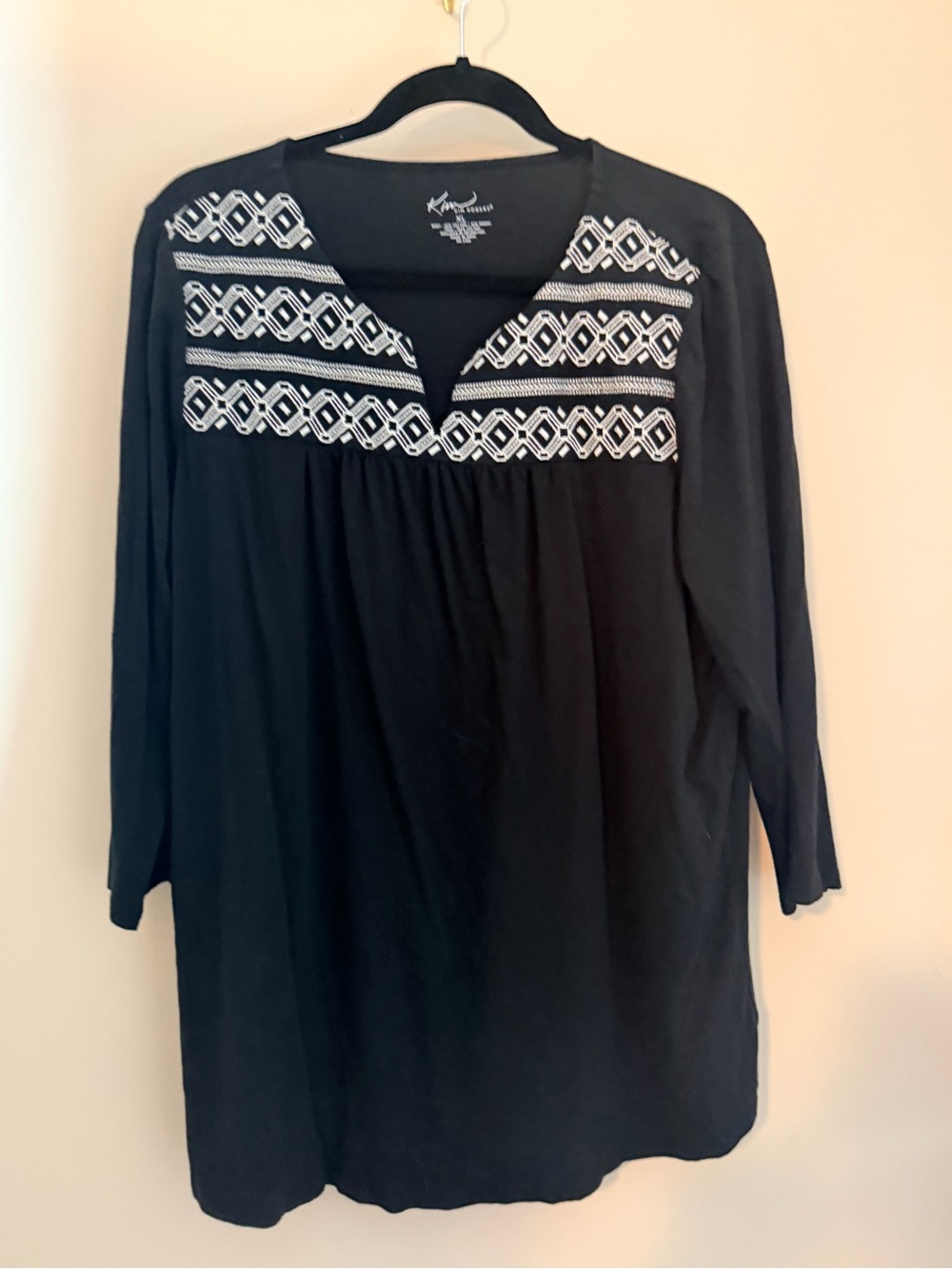 Kim Rogers Black Tunic with White Geometric Embroidery